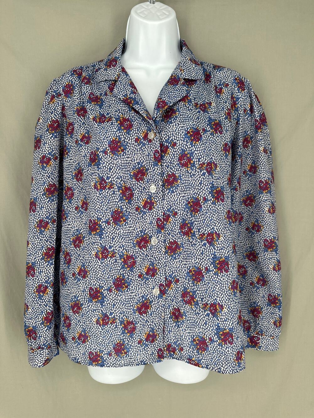 80s Vintage Top Womens Small Blue Floral Button V Neck Boho Blouse Cottagecore